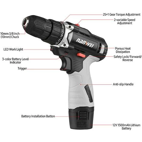 ZHUOXUAN Perceuse Sans Fil Portable 12 V Mandrin 3/8" 25 + 1 Réglage De Vitesse Perceuse électrique Portative Perceuse électrique Avec Indicateur De Batterie Lampe De Travail LED 2 Variables S 4 ZHUOXUAN Perceuse Sans Fil Portable 12 V Mandrin 3/8" 25 + 1 Réglage De Vitesse Perceuse électrique Portative Perceuse électrique Avec Indicateur De Batterie Lampe De Travail LED 2 Variables S – Image 2