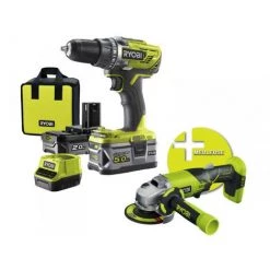 RYOBI Kit Sans Fil One+ 18 V Perceuse + Meuleuse + Batteries 2 Ah Et 5 Ah