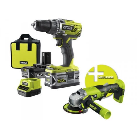 RYOBI Kit Sans Fil One+ 18 V Perceuse + Meuleuse + Batteries 2 Ah Et 5 Ah 3 RYOBI Kit Sans Fil One+ 18 V Perceuse + Meuleuse + Batteries 2 Ah Et 5 Ah
