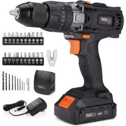 PEDY Perceuse-visseuse Sans Fil, 18V Max 2 Vitesses Variables, Mandrin Métal 1/2", Perceuse à Percussion Avec LED