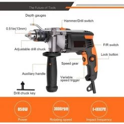 GIZCAM Perceuse à Percussion, Perceuse à Fil 850W 3000RPM Avec 15 Forets Set, Vitesse Variable, Mode Marteau Et 2 Fonctions En 1, Adaptée Au Bois, Acier, Béton -Perceuse Soldes 2022 67697323 3