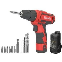 VITO PRO-POWER Perceuse Visseuse Sans Fil 12V Batterie Lithium 1.5Ah ITOOLS LED + Coffret 6 Embouts De Vissage + 6 Forets + Adaptateur