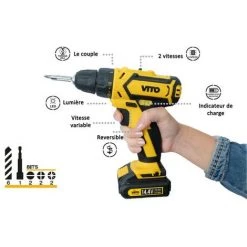 VITO PRO-POWER Perceuse Visseuse 14,4V 3 Batteries Lithium-ion 2.0Ah + Chargeur Rapide Eclairage LED Indicateur De Charge -Perceuse Soldes 2022 9351073 3