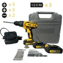 VITO PRO-POWER Perceuse Visseuse 18V VITOPOWER + 3 BATTERIES LITHIUM 2.0 Ah Mallette 18 Accessoires 8 VITO PRO-POWER Perceuse Visseuse 18V VITOPOWER + 3 BATTERIES LITHIUM 2.0 Ah Mallette 18 Accessoires -Perceuse Soldes 2022 9351075 2